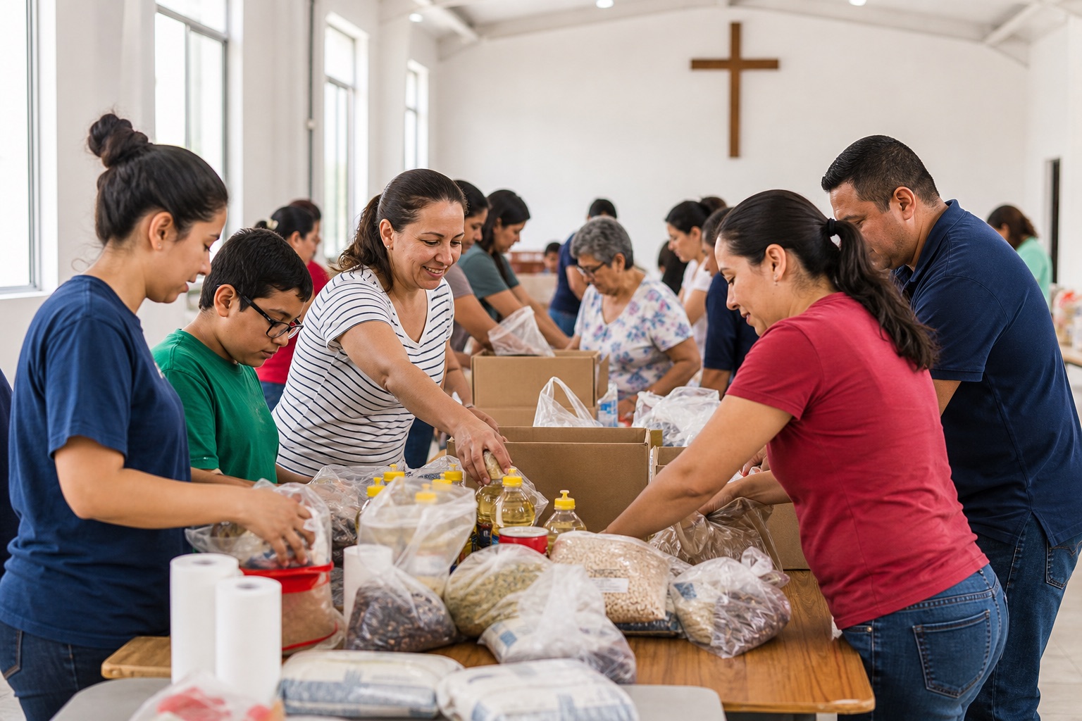 Voluntarios parroquiales preparando apoyos para la comunidad